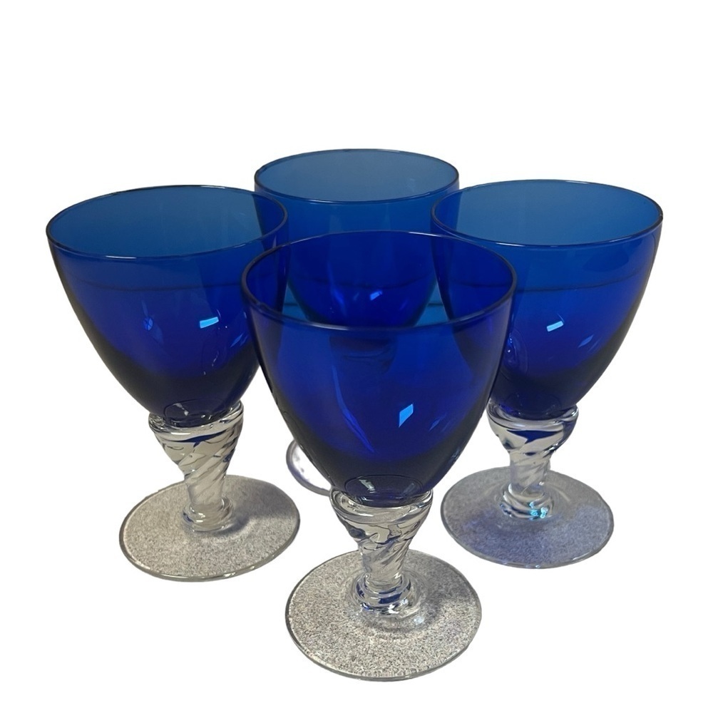 Vintage Cobalt Blue Apéritif Coupe Glasses Hand Blown Twisted Stem Liqueur Cups